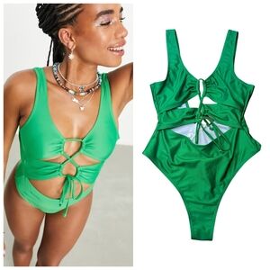 Green Cutout Tie Front Low Back One Piece Size Small*